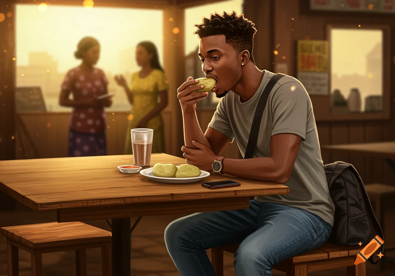 A young Black man with dreadlocks eats with his hands at a wooden table in a busy restaurant, with two blurred women in the background.
