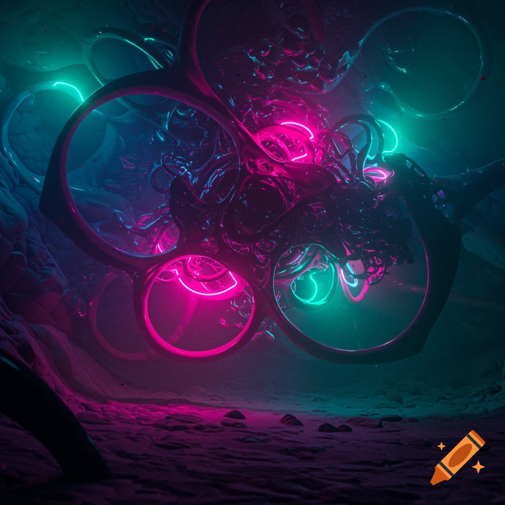 Glowing pink and teal abstract organic structures with round openings, set in a dark, textured, cave-like environment.