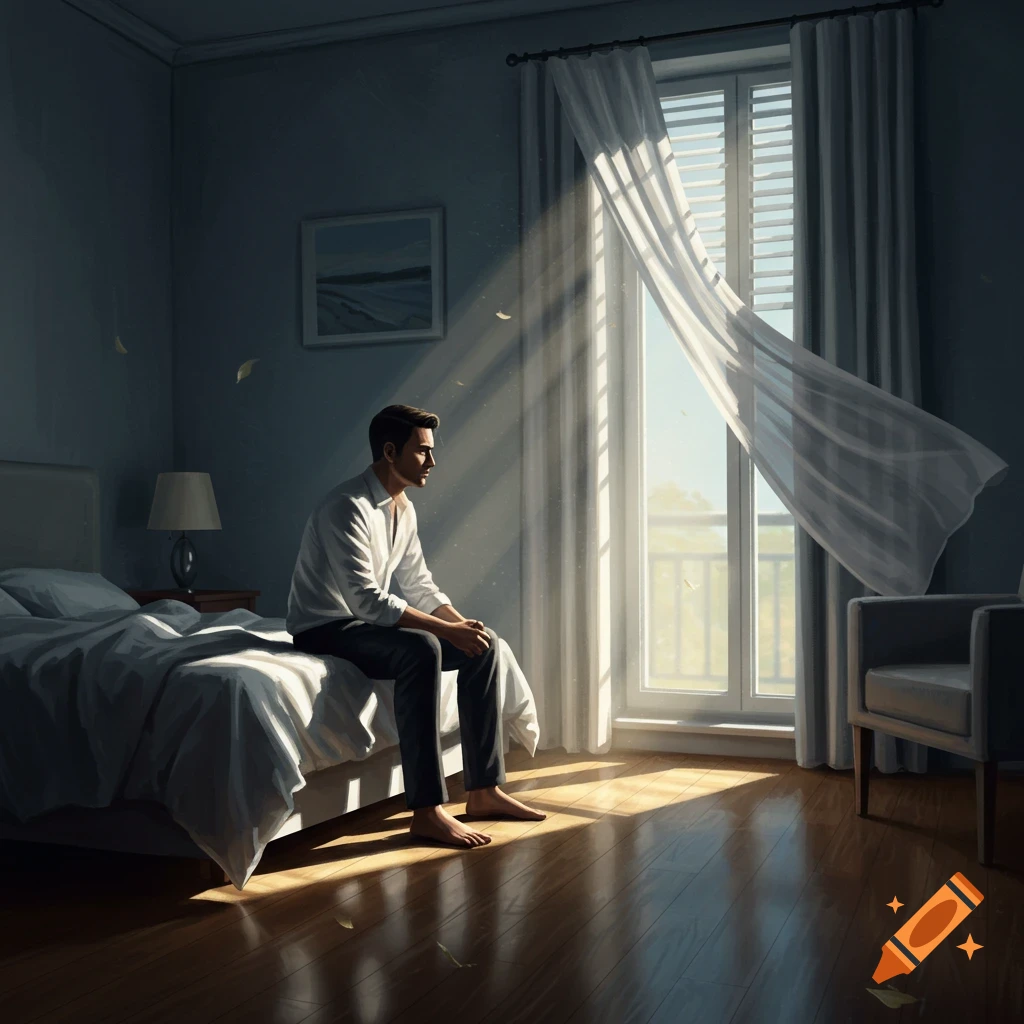 A man sits on the edge of a bed in a sunlit bedroom, looking out a bright window with a curtain blowing.