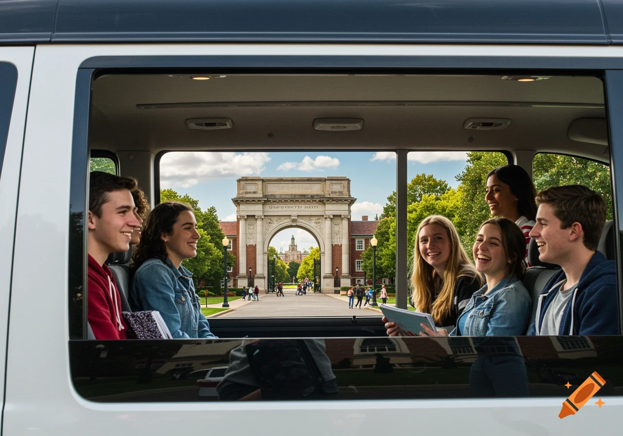 Teenagers in a van look out the window at a university campus with a large stone archway and students walking around.