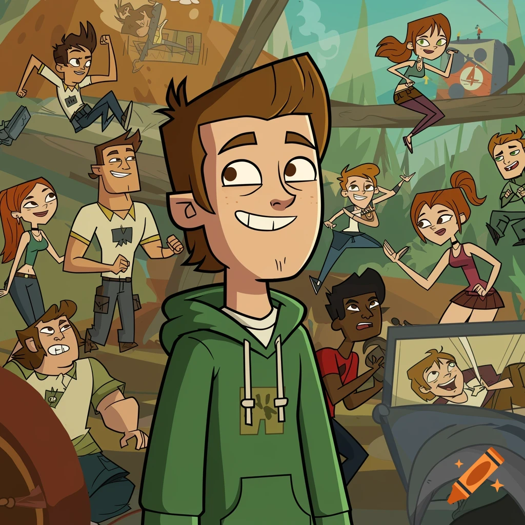 A group of animated characters in a cartoon style, featuring a brown-haired male in a green hoodie smiling at the center. Other characters are active in the background.