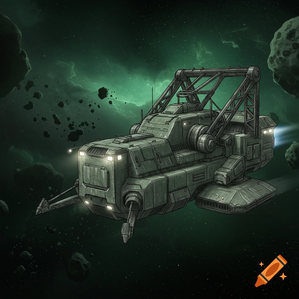 A grey-green space mining vessel with bright lights flies through a dark green nebula filled with asteroids.
