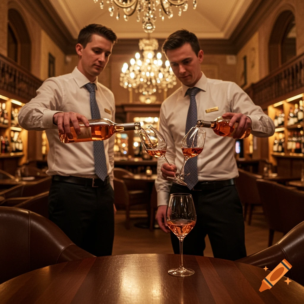 Two identically dressed professional men in a dimly lit restaurant pour rose wine from bottles into glasses.