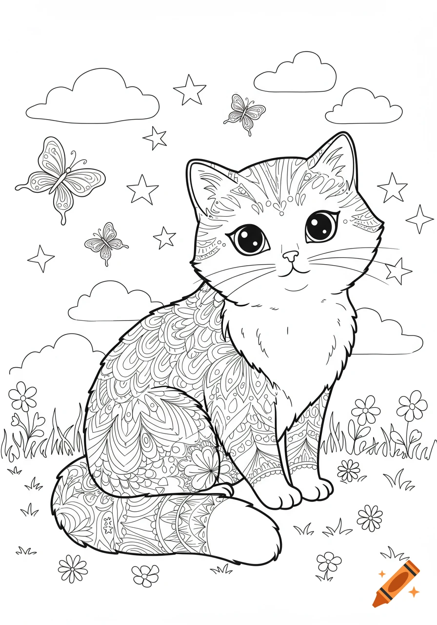 Line art coloring page of a cute cat with intricate mandala-like patterns, surrounded by butterflies, stars, clouds, and flowers.
