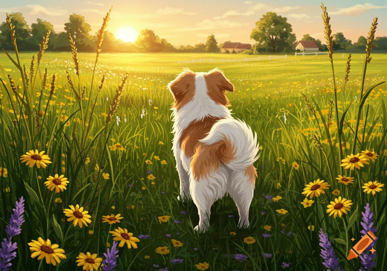 A small brown and white dog stands from behind, looking out into a vibrant field of yellow and purple wildflowers at sunset.