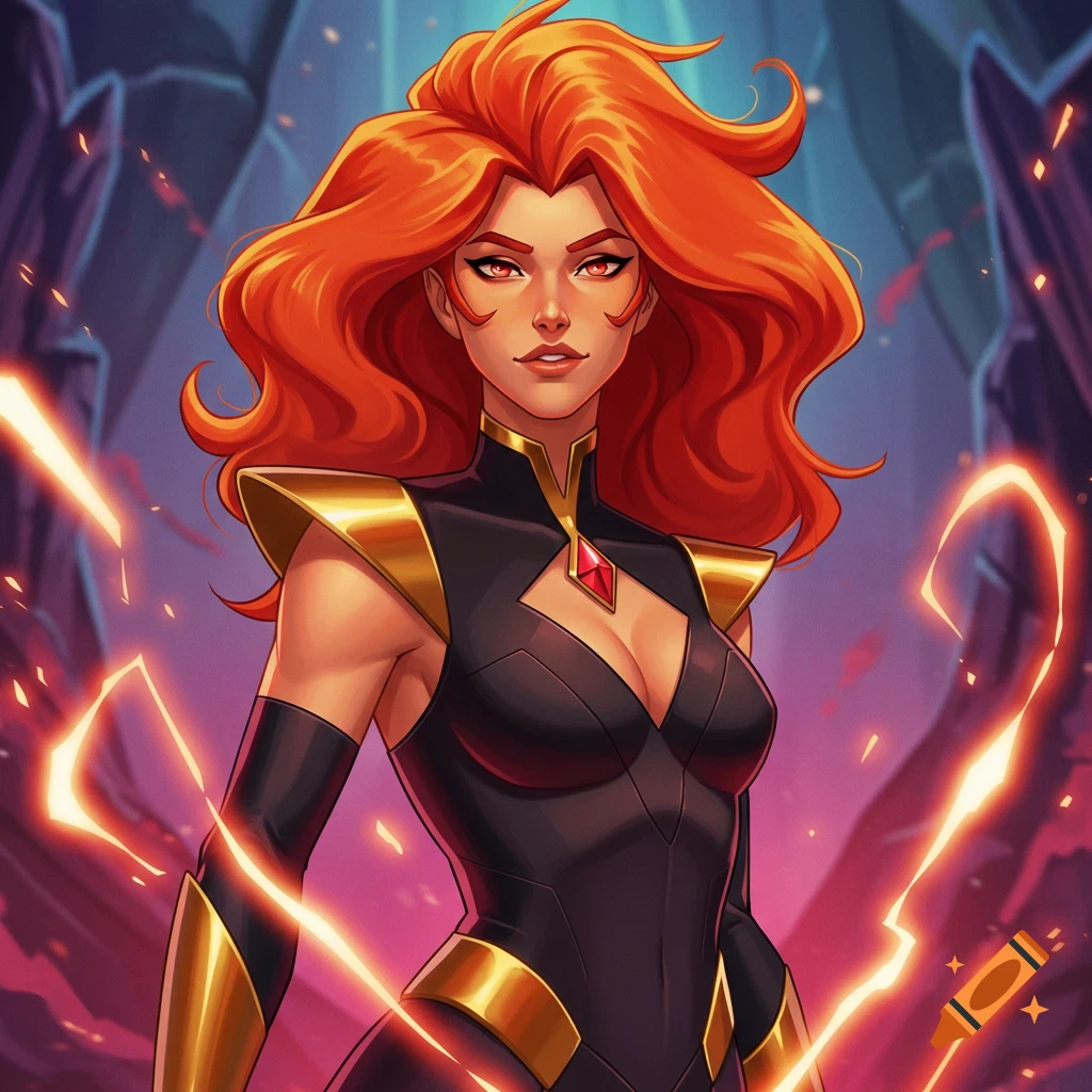 A red-haired female character in a black and gold suit, surrounded by energy, in an animated fantasy style.