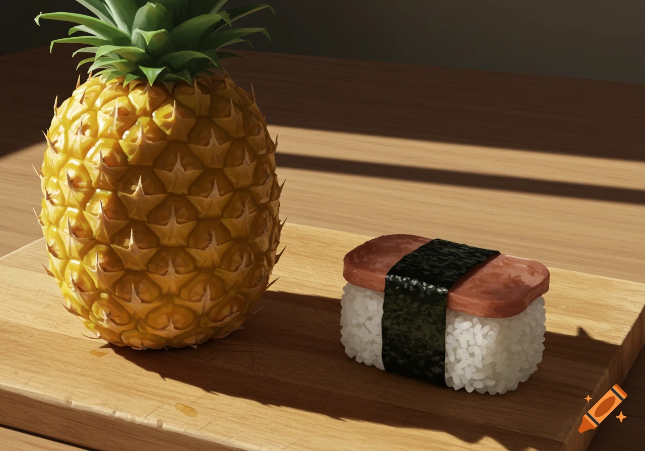 A whole pineapple and a spam musubi sit side by side on a wooden cutting board with sunlight casting shadows.