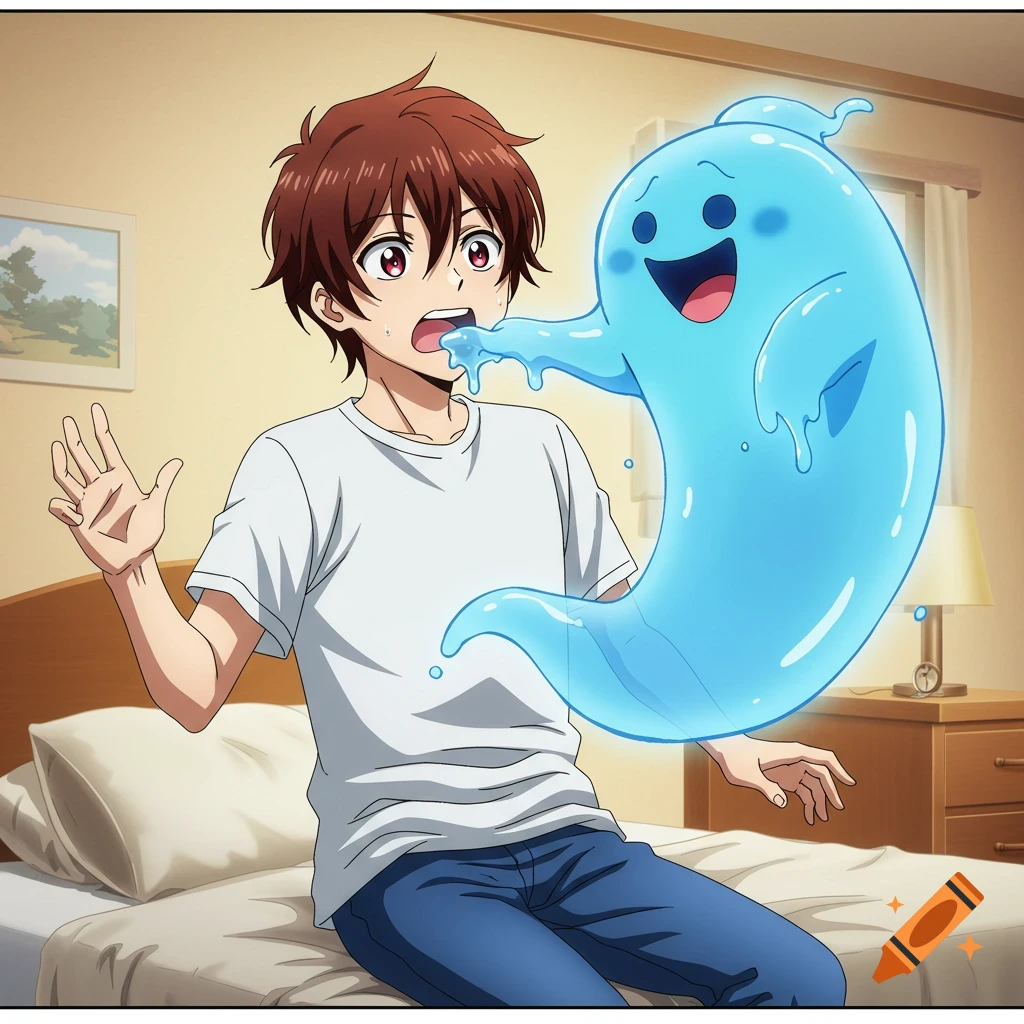 Anime man on bed surprised as blue ghost dives into his mouth.