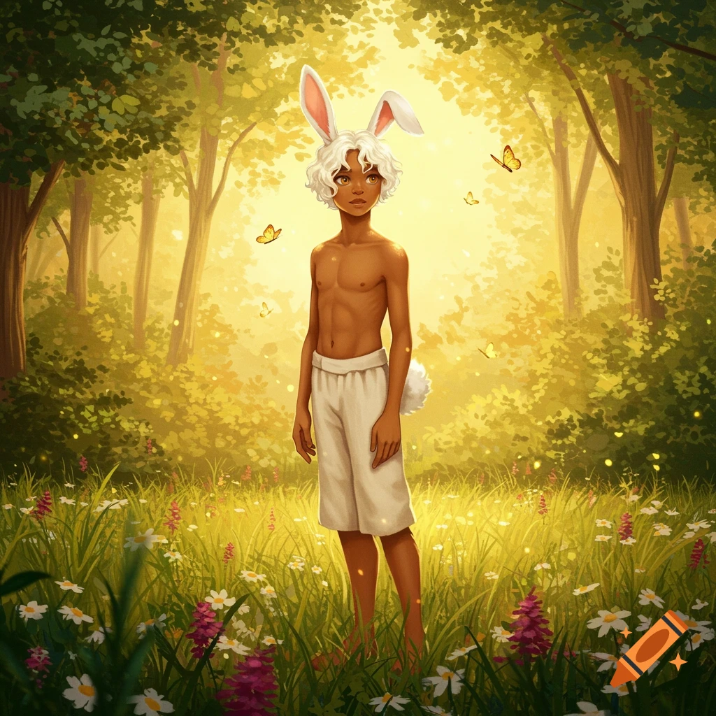 An illustrated boy with ivory hair and caramel skin, wearing bunny ears and white shorts, stands in a sunlit forest clearing.