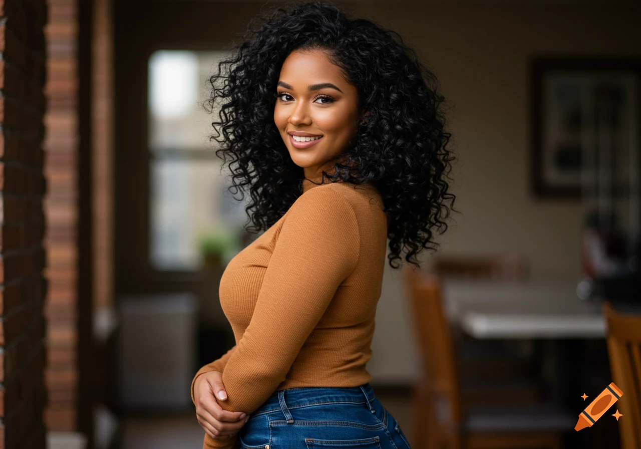 A smiling woman with black curly hair in a brown sweater and jeans poses indoors, looking over her shoulder.