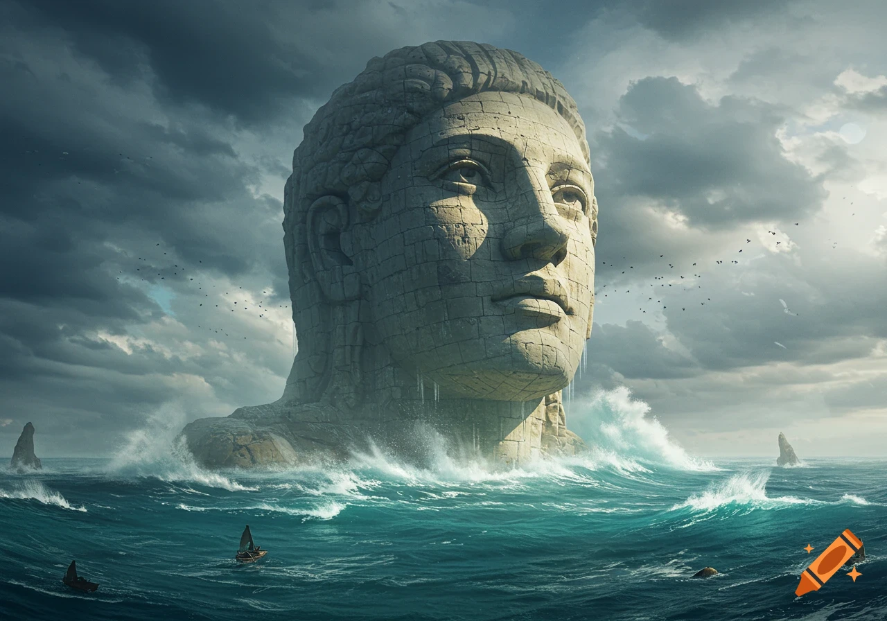 A colossal stone head statue emerges from a stormy, turbulent ocean with waves crashing, under a dark, cloudy sky. Small boats are visible.