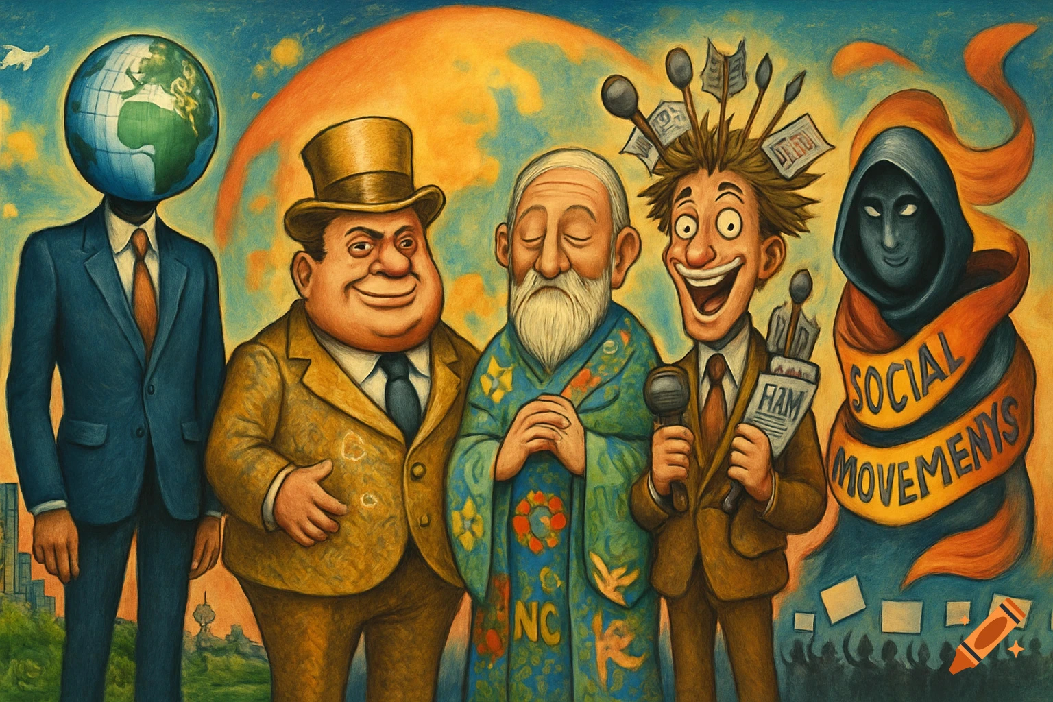 A colorful, stylized painting of five allegorical figures standing in a row, representing international actors. From left: a man with an Earth globe for a head, a plump man in a top hat, an old man with a white beard and colorful robe, a spiky-haired man holding a microphone, and a hooded figure with a banner reading 'SOCIAL MOVEMENTS'.