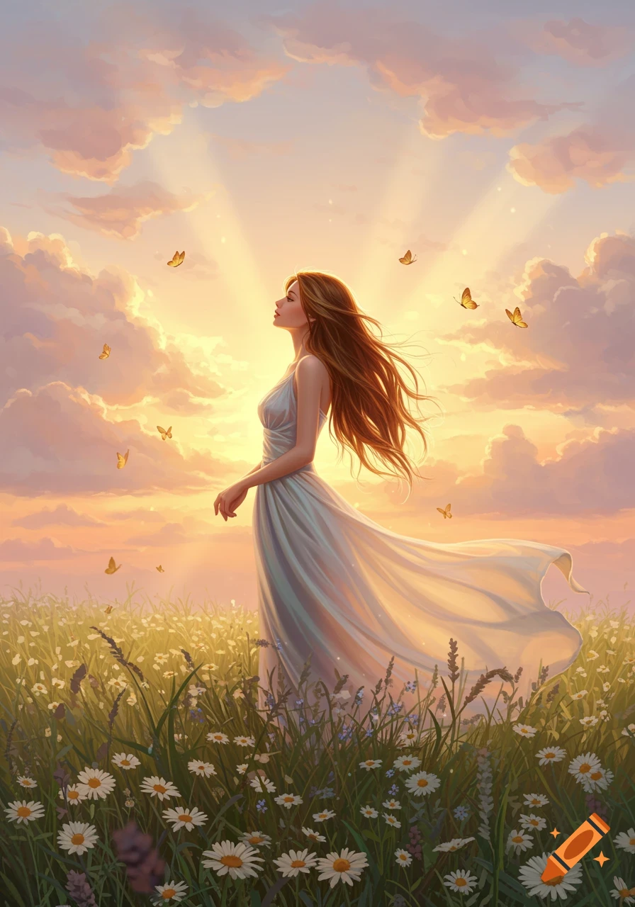 A woman with long flowing hair in a white dress stands in a field of daisies and wildflowers under a vibrant sunset with butterflies, in an illustrative style.