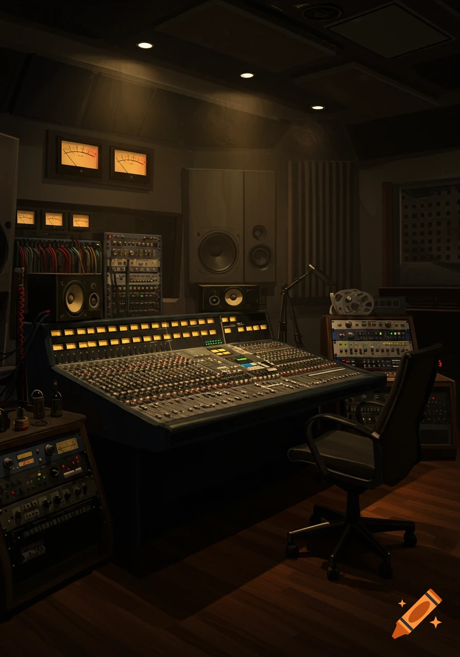 A dimly lit recording studio features a large mixing console with numerous knobs and faders, surrounded by speakers, monitors, and various audio equipment racks.
