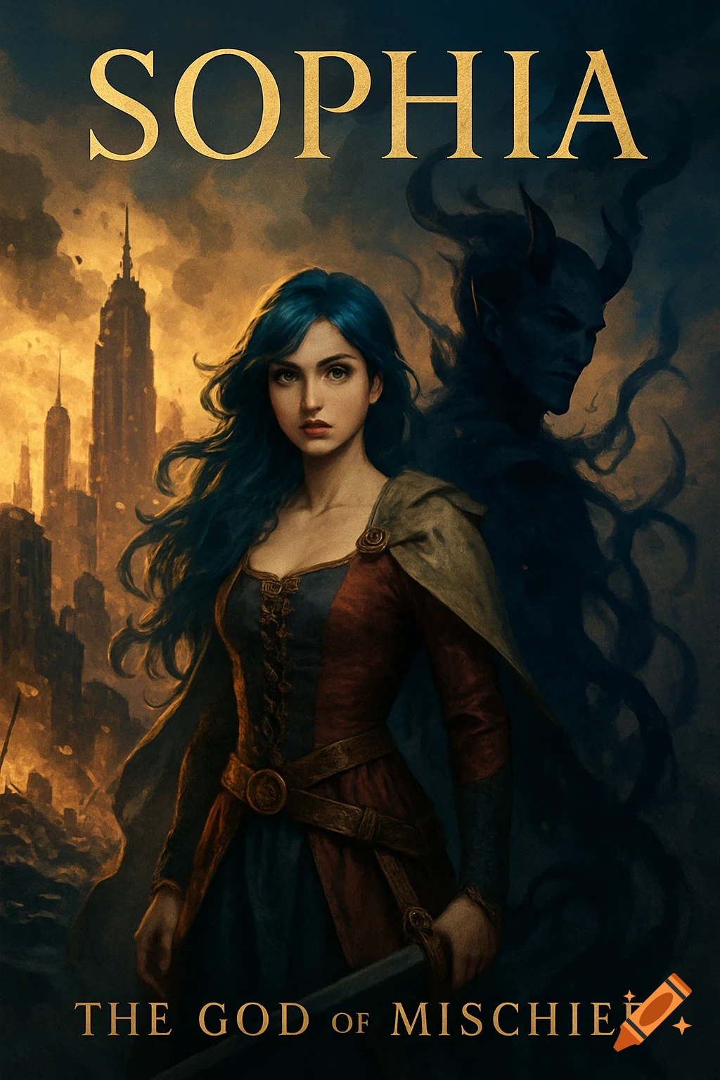 A realistic digital painting book cover featuring a blue-haired woman and a shadowy horned figure against a ruined city. Text: SOPHIA, THE GOD of MISCHIEF.