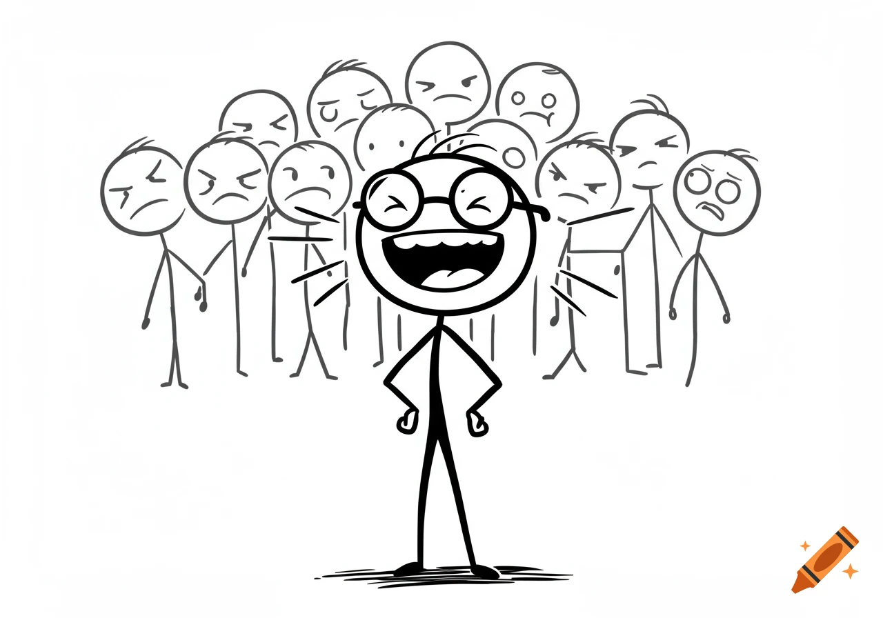 A happy stick figure in glasses laughing heartily, surrounded by other stick figures expressing annoyance and cringe.