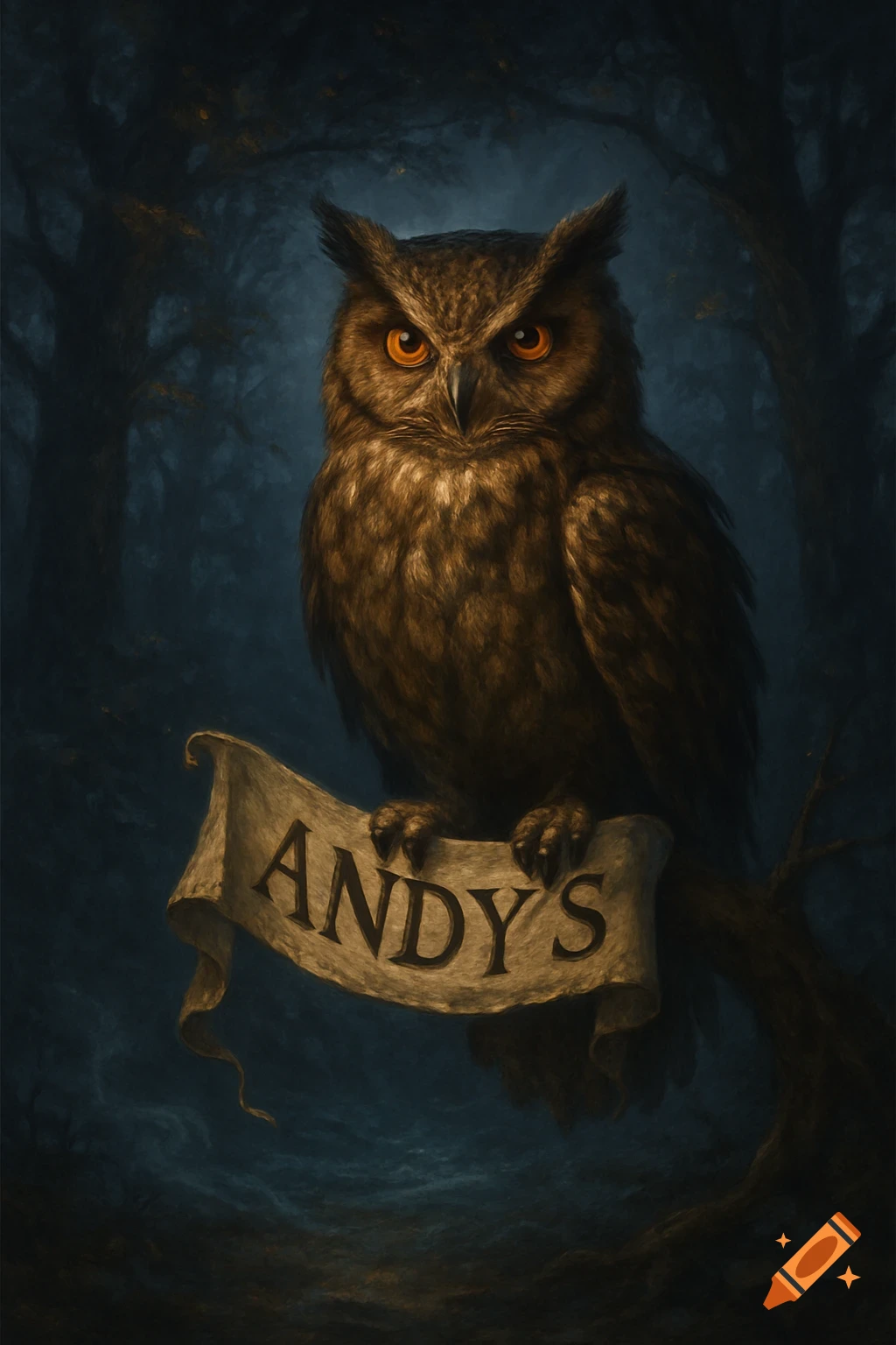 A detailed illustration of an owl with bright orange eyes, perched in a dark forest, holding a banner that says "ANDYS".