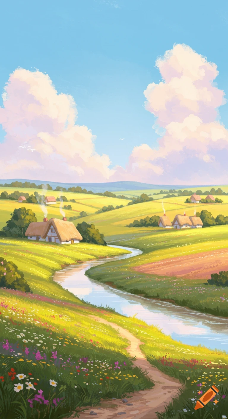 A colorful, stylized illustration of a vibrant green countryside with a winding river, small houses with thatched roofs, and a bright blue sky with fluffy clouds.