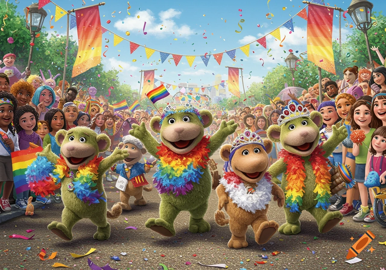Colorful illustration of green, furry creatures resembling Wombles marching in a vibrant Pride parade, surrounded by a diverse, cheering crowd under a bright sky with confetti.