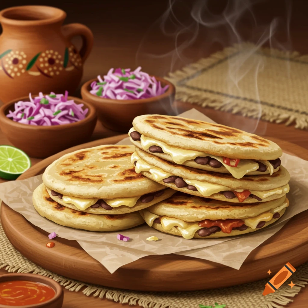 A plate of steaming pupusas with melted cheese and beans, served with red cabbage slaw, lime, and sauce on a wooden board.