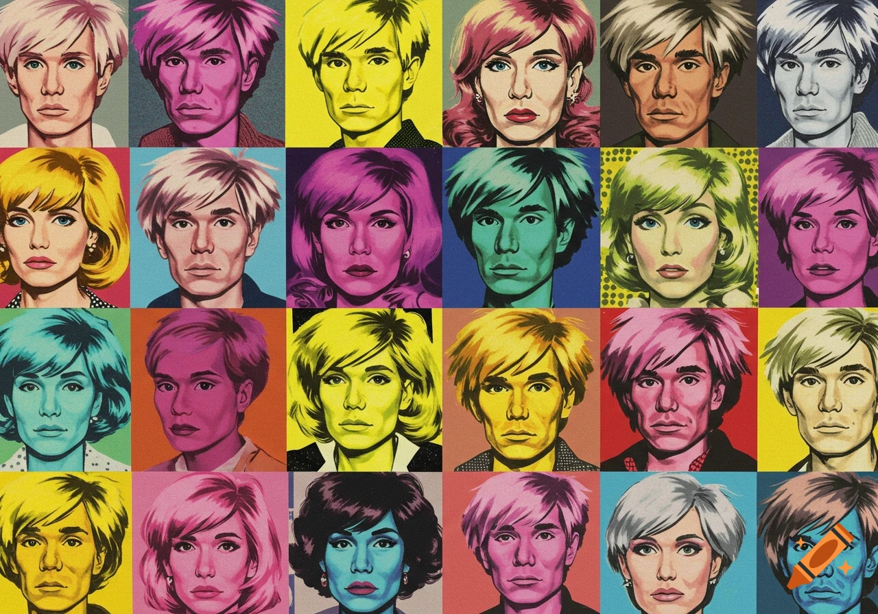 A grid of colorful pop art portraits in the style of Andy Warhol, featuring various figures with bright, contrasting colors.