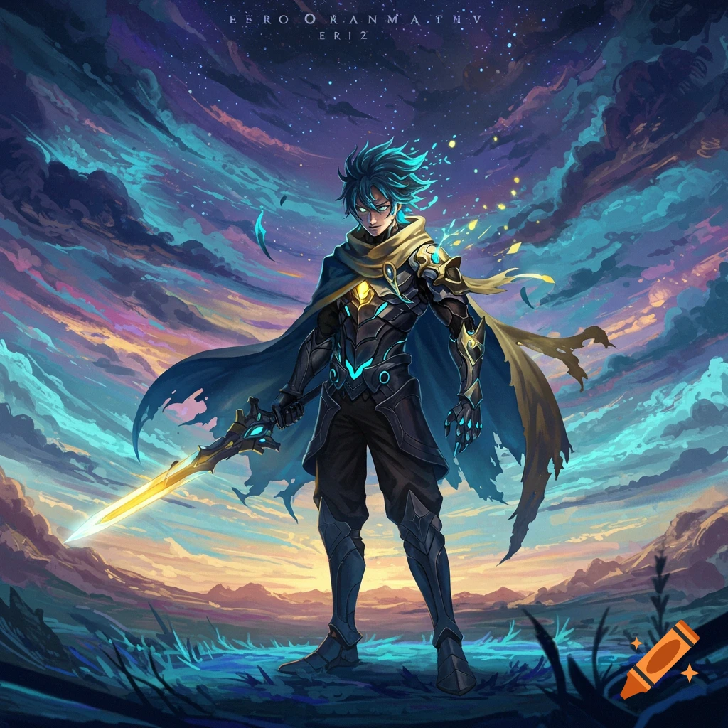 An anime character in dark armor with a golden cape and glowing blue accents, holding a luminous sword, stands in a vibrant fantastical landscape under a swirling, starry sky.