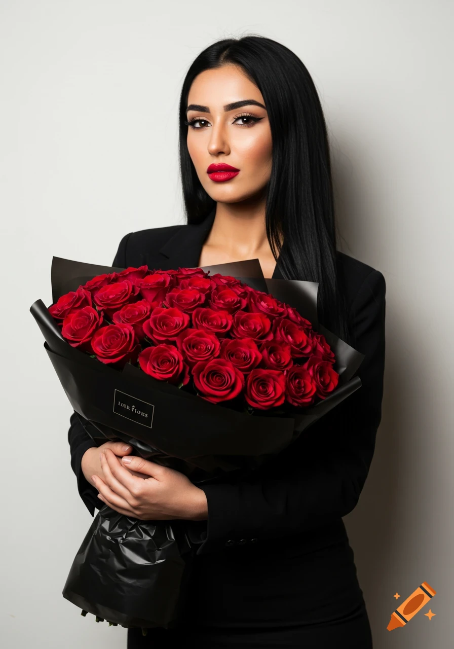 A beautiful woman with long black hair and red lipstick holds a large bouquet of red roses wrapped in black paper.