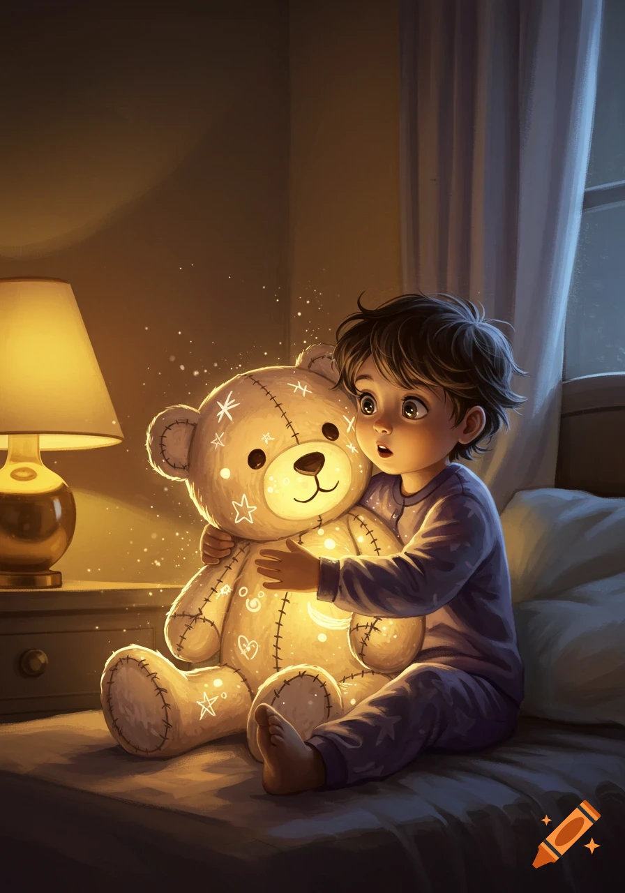 An illustration of a young child sitting on a bed, hugging a glowing teddy bear in a dimly lit room with a bedside lamp.
