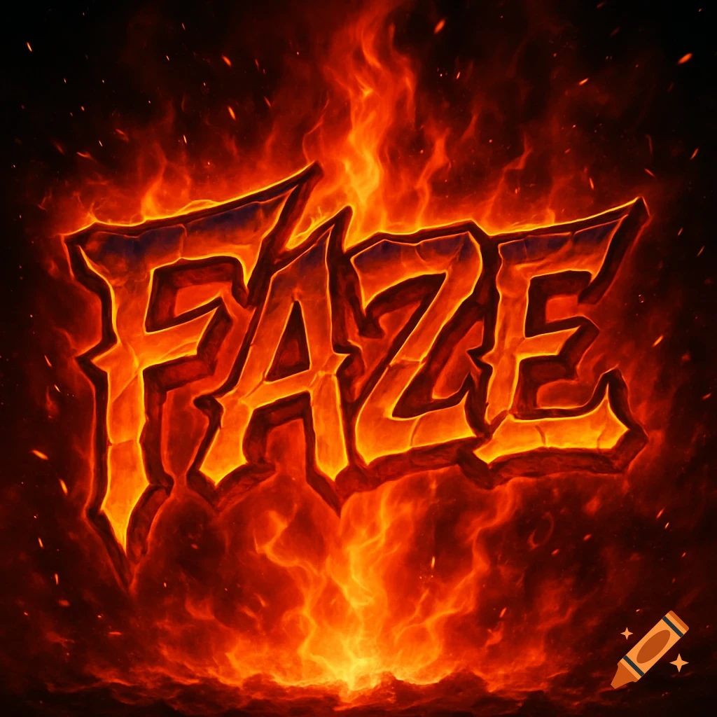 The word FAZE rendered in fiery, molten rock-like text against a dark background with orange flames and embers.