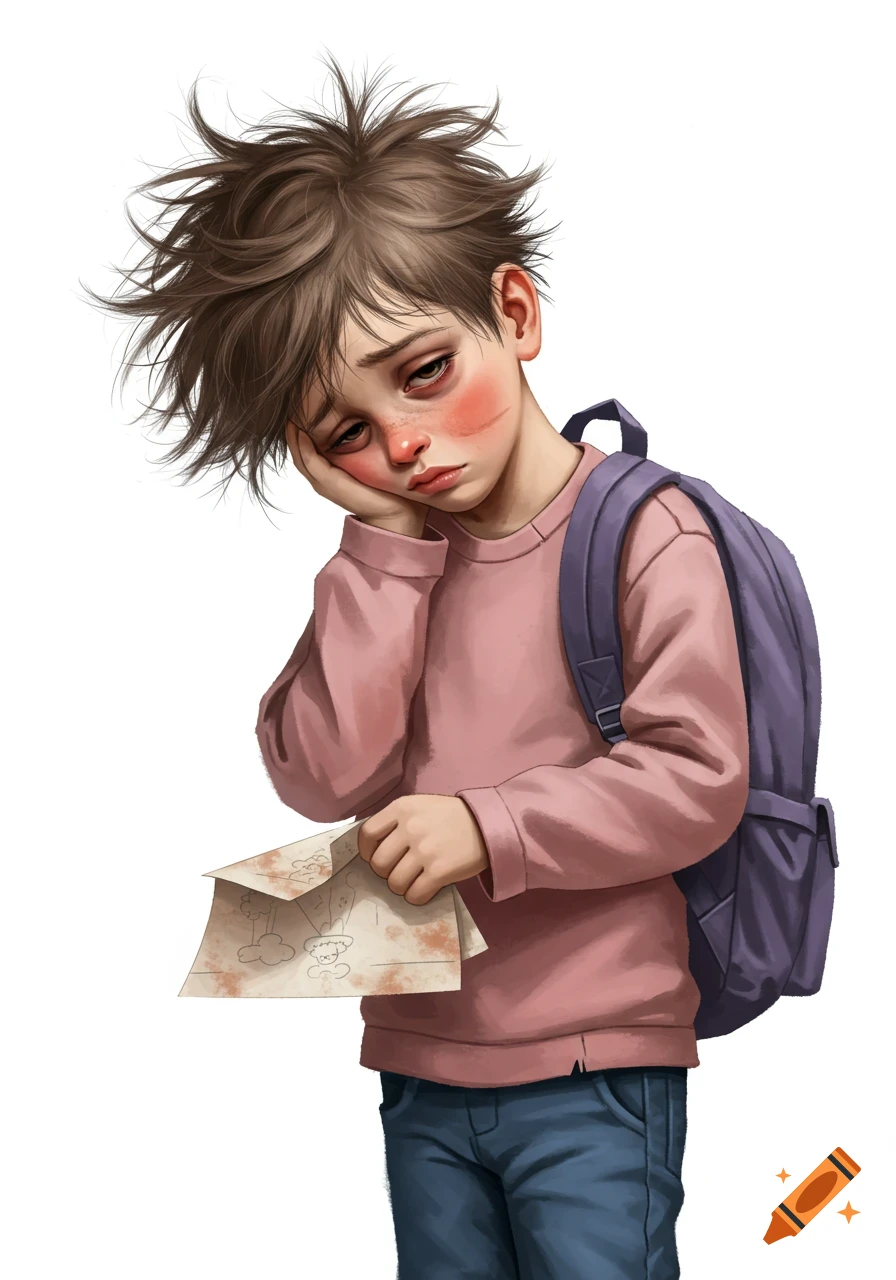 Illustrated character of a tired elementary boy with messy brown hair, wearing a pink sweatshirt and jeans, holding crumpled paper, with a purple backpack.