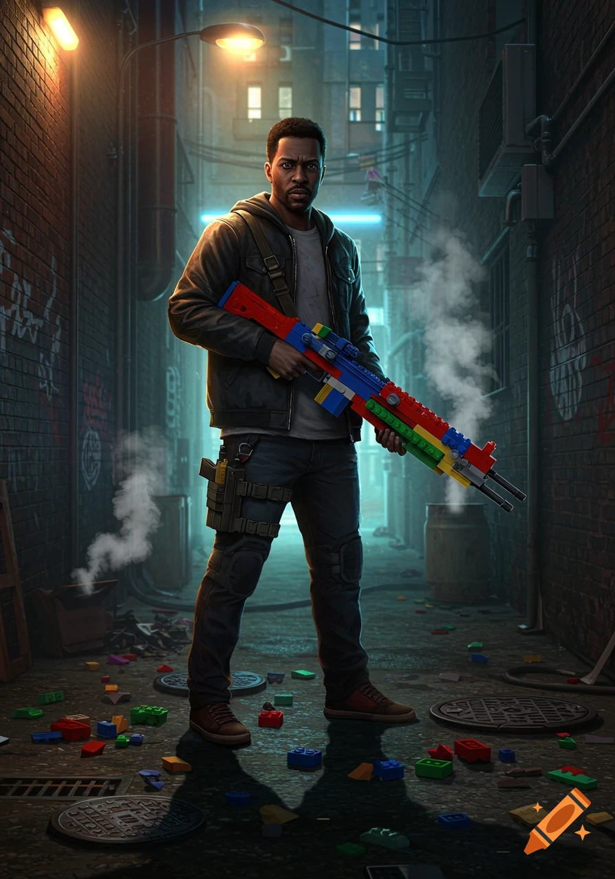 A man stands in a dark, gritty alley, holding a colorful rifle made of Lego bricks, with scattered Lego pieces on the ground.