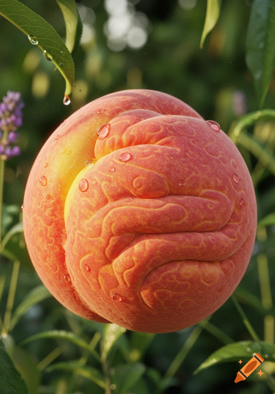 Close-up of a peach with textured, brain-like wrinkles and water droplets, set against a blurred green leafy background.