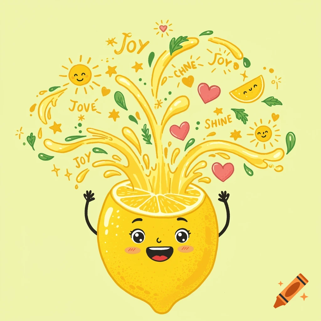 A cheerful cartoon lemon has juice splashing from its head, forming suns, stars, hearts, and words like 'Joy' and 'Shine' in a bright illustration.