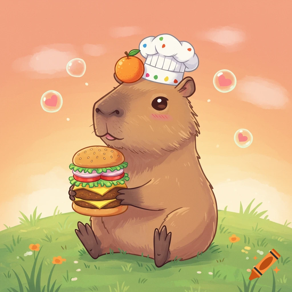 A cute cartoon capybara wearing a chef hat, balancing an orange on its head, and holding a large burger.