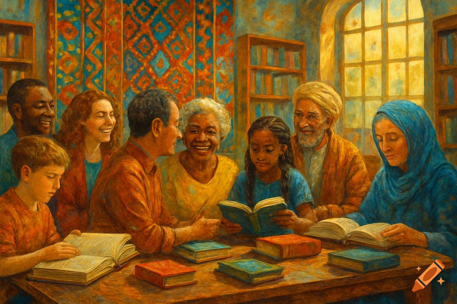 A diverse group of people of various ages reading books together in a warm, painterly library setting.