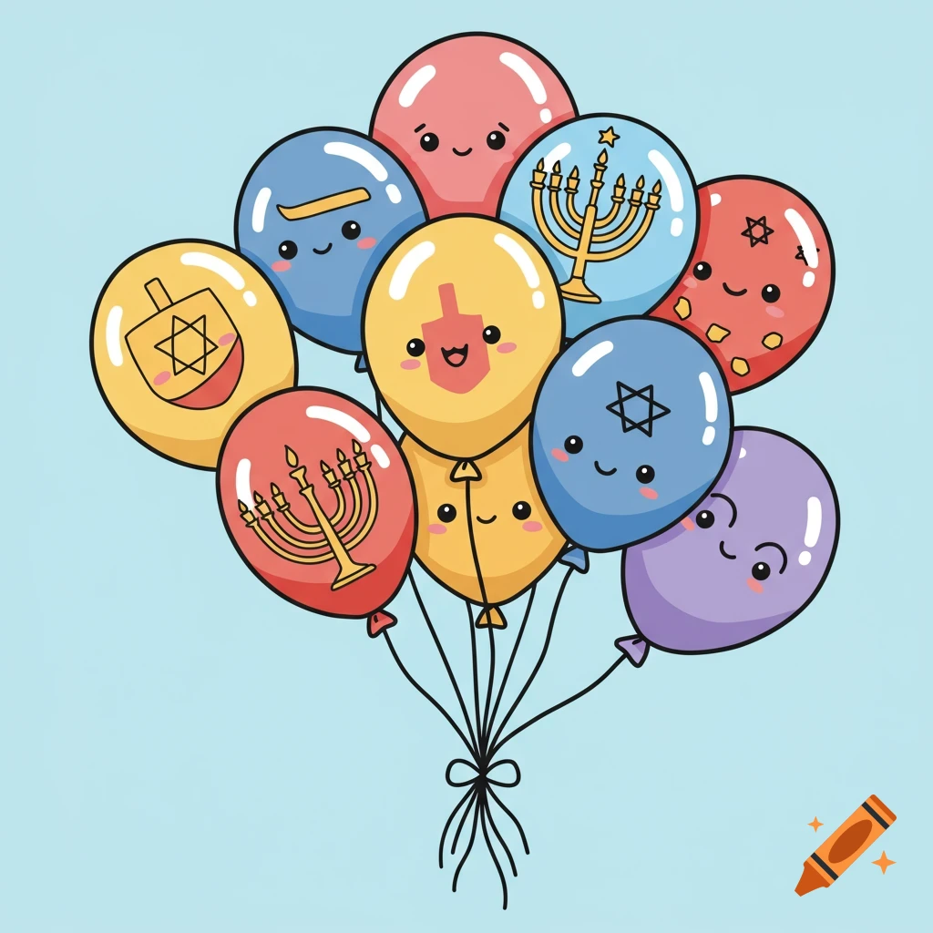 A vibrant bunch of cartoon Hanukkah balloons with smiling faces, featuring menorahs, dreidels, and Stars of David on a light blue background.