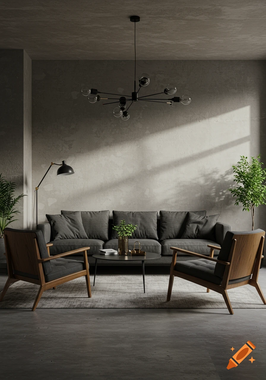 A modern living room with a dark gray sofa, two wooden armchairs, a coffee table, a tall floor lamp, and plants, with natural light streaming in.