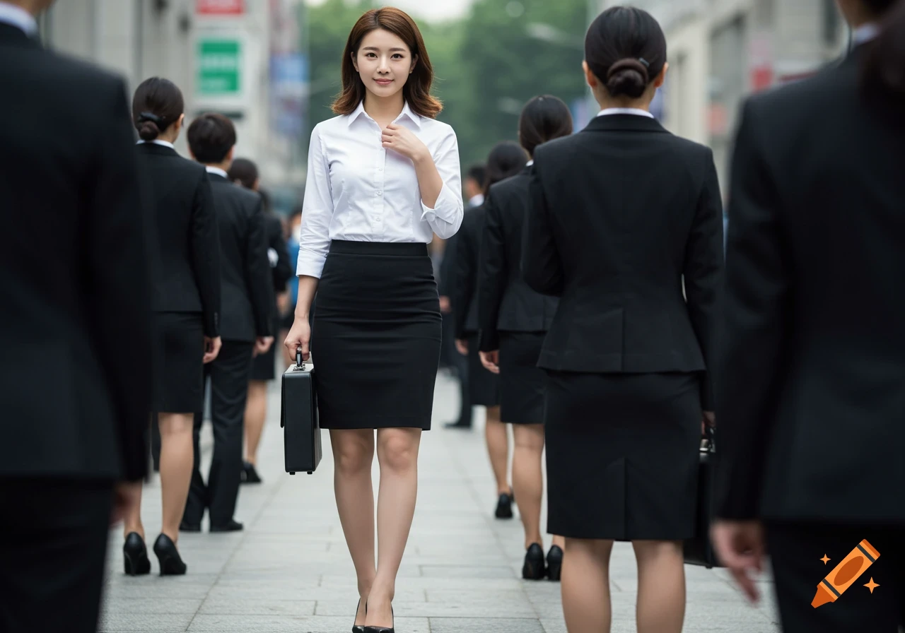 A young woman in a white shirt and black skirt holds a briefcase, standing among other suited people on a city street.