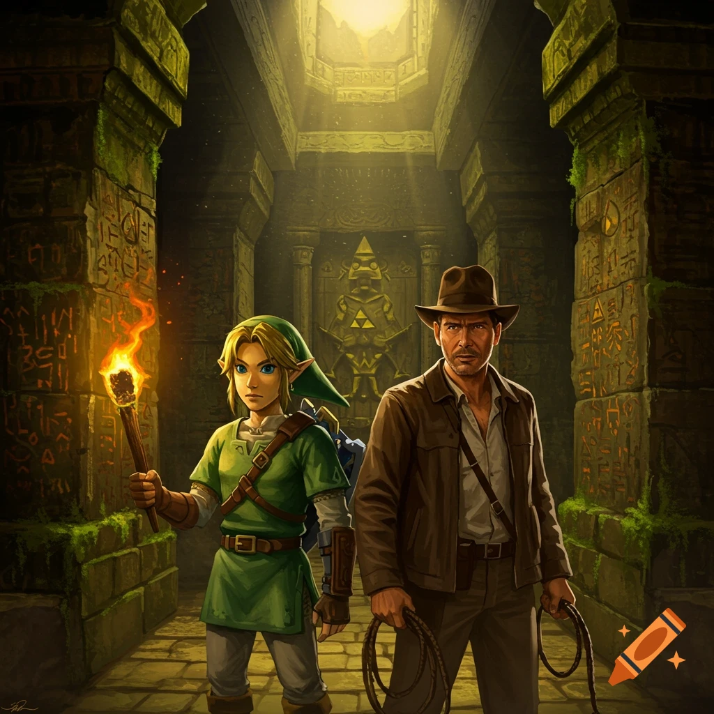 Link holding a torch and Indiana Jones holding a whip stand in a dark, ancient temple filled with glowing hieroglyphs.