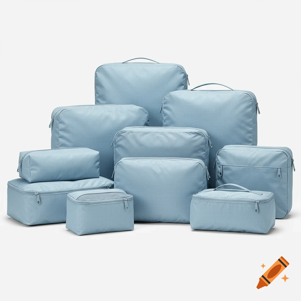 A collection of light blue packing cubes and luggage organizers of various sizes on a white background.