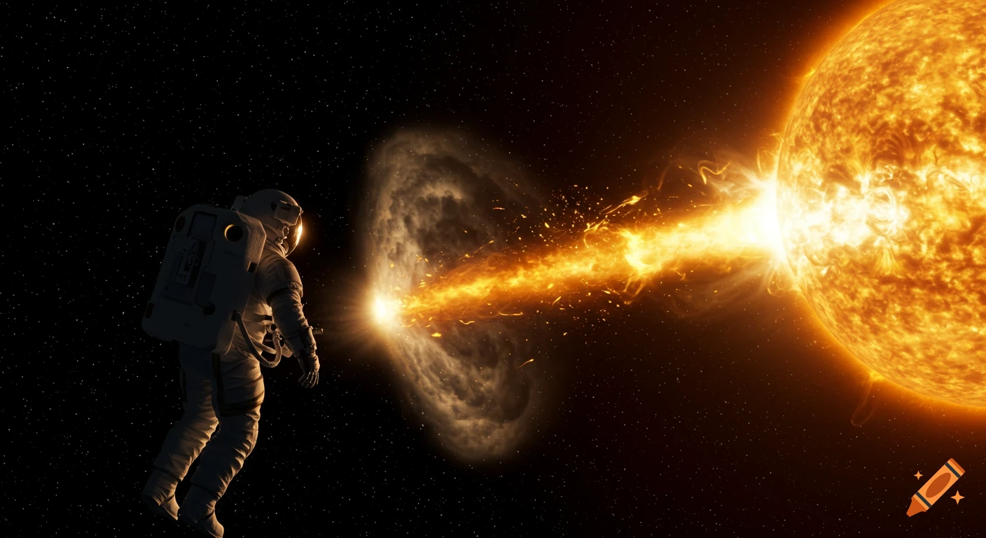 An astronaut floats in space observing a bright coronal mass ejection erupting from a fiery sun.