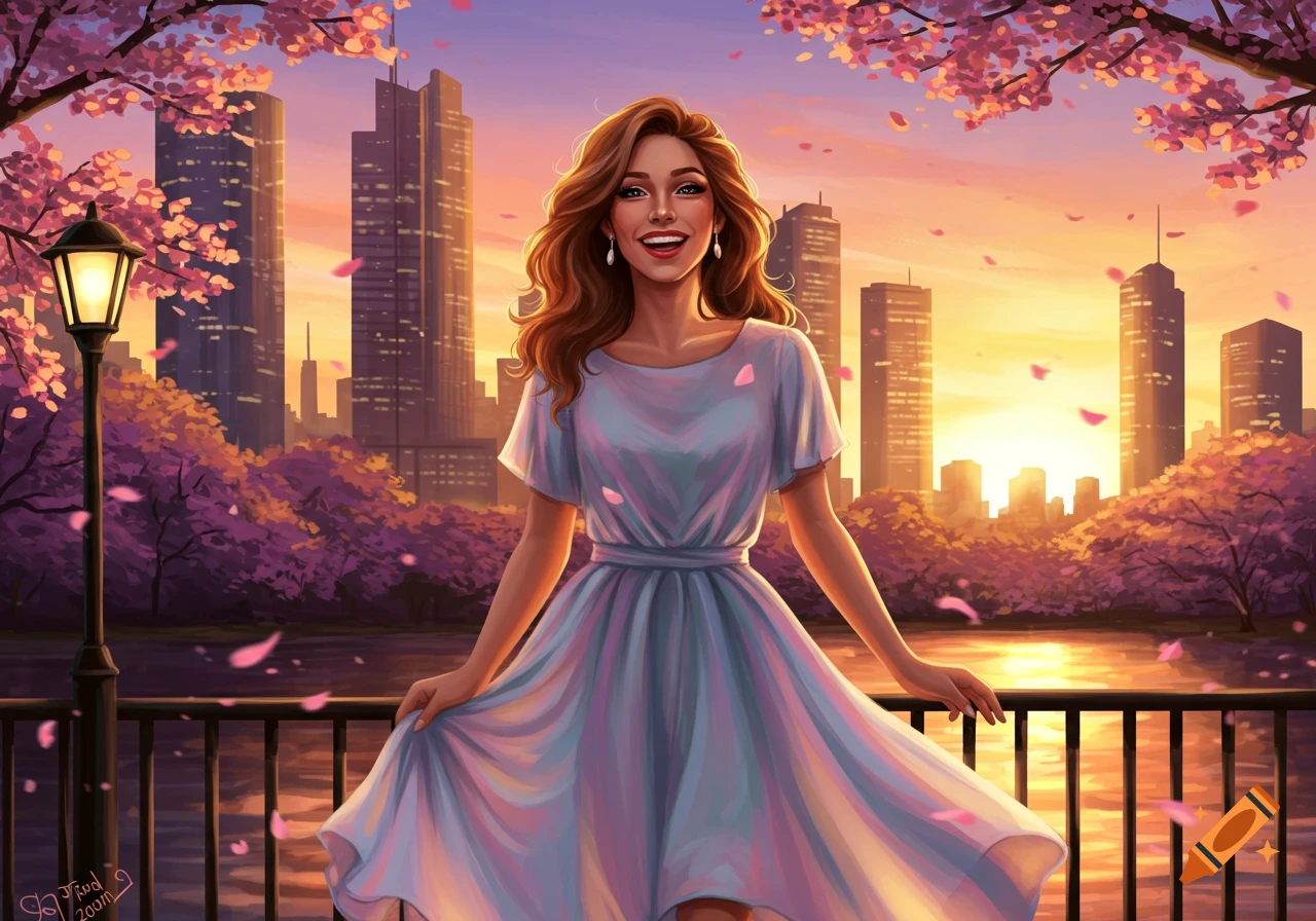 Digital art of a smiling woman in a blue dress posing in a park with cherry blossoms, a city skyline and sunset in the background.