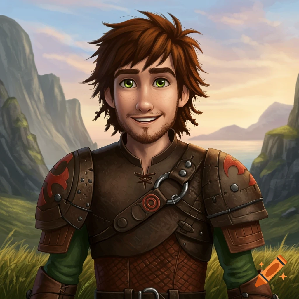 Hiccup Haddock from How to Train Your Dragon, in his 20s, with a short beard and leather armor, smiling in a mountain setting.