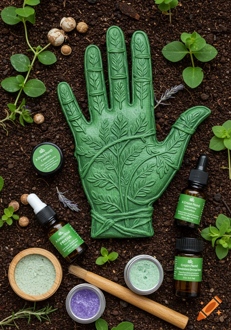 A flat lay of a green hand-shaped decorative object with leaf patterns, surrounded by small plants, soil, and various herbal wellness products in bottles and jars.