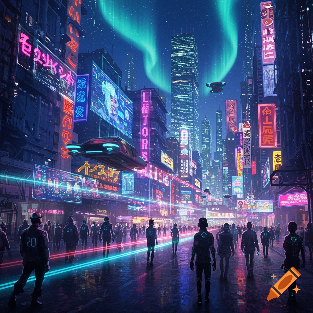 A vibrant cyberpunk cityscape at night with neon lights, flying vehicles, and a crowded street with people illuminated by glowing lines on the wet ground.