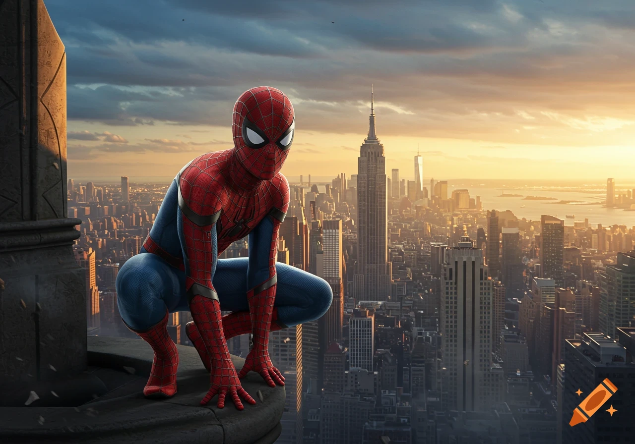 Spider-Man in his red and blue suit crouches on a building ledge, overlooking a photorealistic cityscape at sunset.