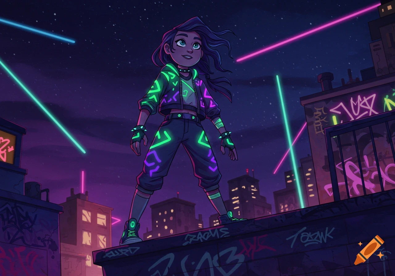 A stylized cartoon girl with glowing neon outfit stands on a rooftop at night, illuminated by pink and blue laser beams.