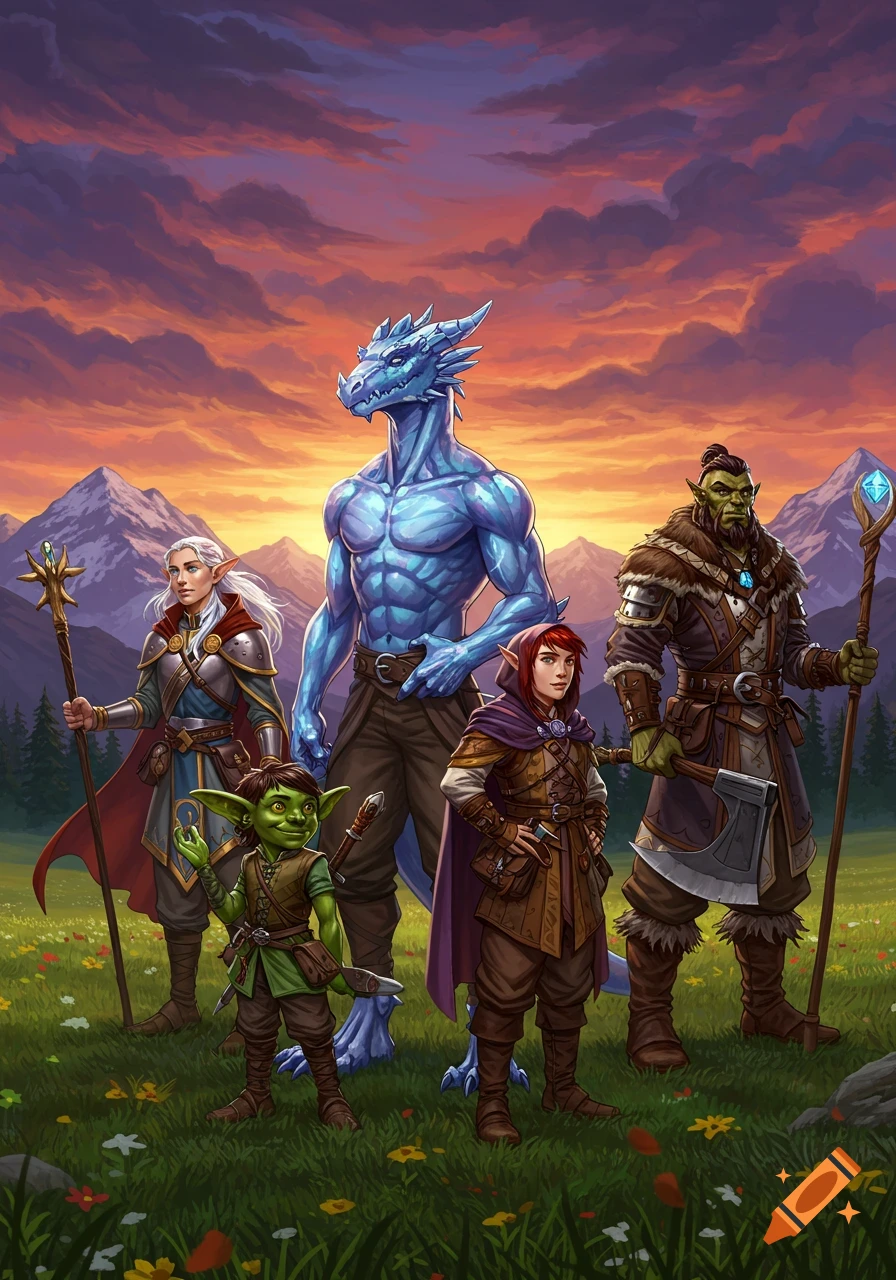 A group of fantasy characters, including a blue dragonborn, goblin, aasimar, and half-orc, stand in a meadow at sunset with mountains in the background.