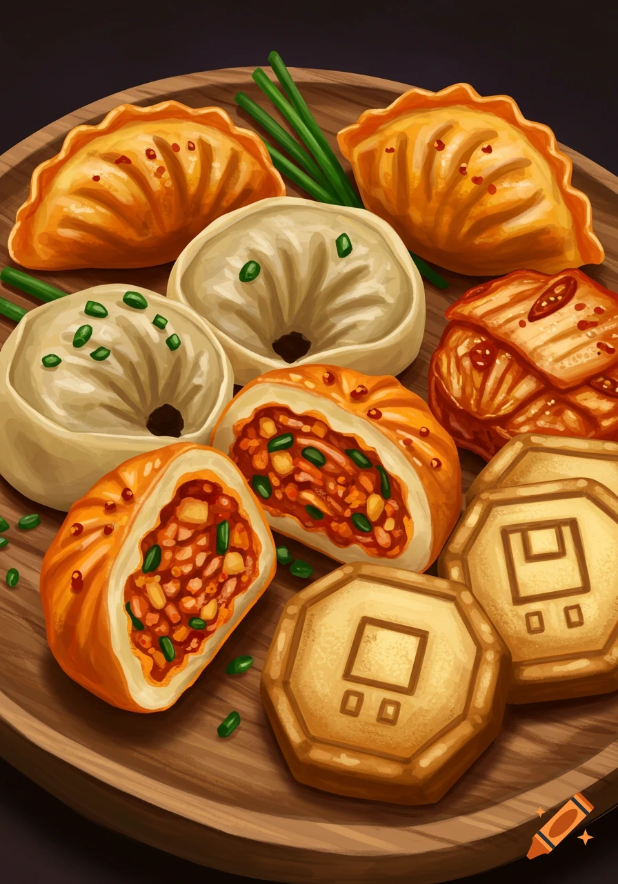 A close-up illustration of a wooden plate filled with various Asian foods, including golden fried dumplings, white steamed buns, spicy red kimchi, and dalgona cookies with carved symbols.