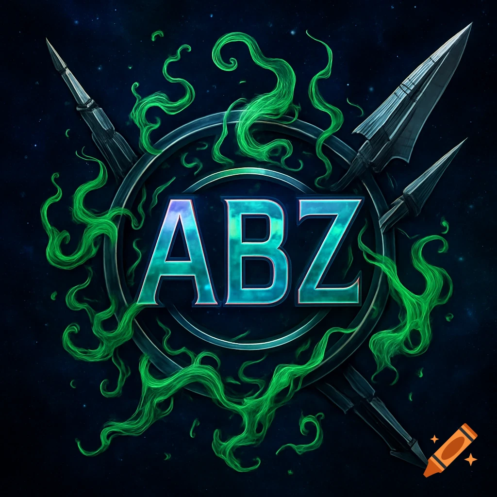 A futuristic logo featuring the letters 'ABZ' in metallic blue, encircled by a dark ring, with two spears crossed behind it and green smoke or energy swirling around on a starry background.